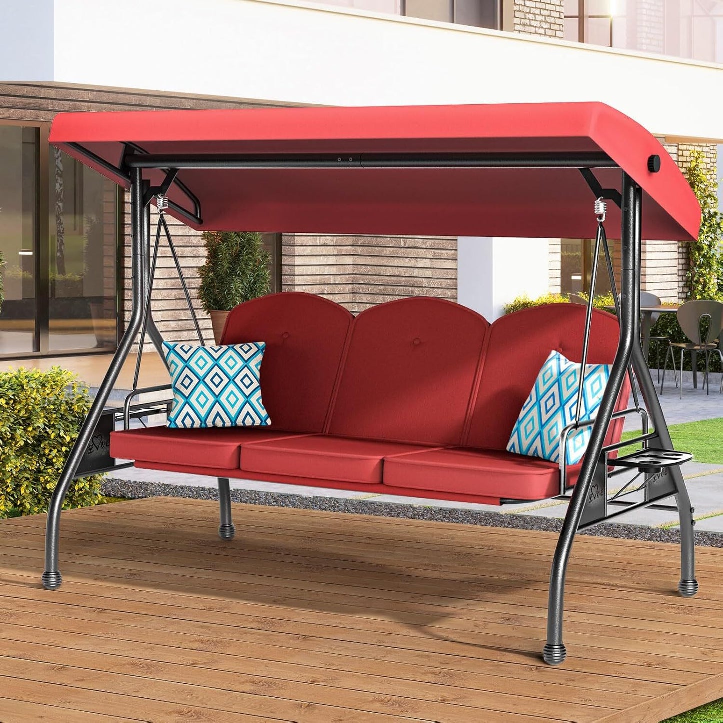 3 Seat Outdoor Porch Patio Swing with Stand 800lbs 2-in-1 Convertible Swing Bed