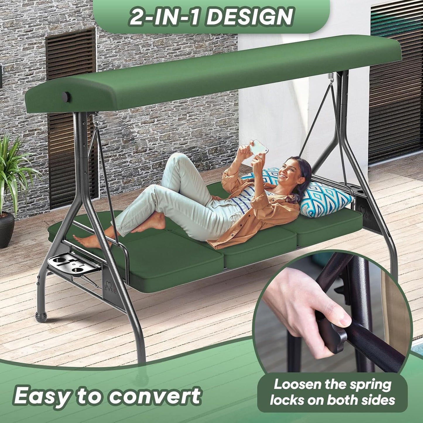 3 Seat Outdoor Porch Patio Swing with Stand 800lbs 2-in-1 Convertible Swing Bed