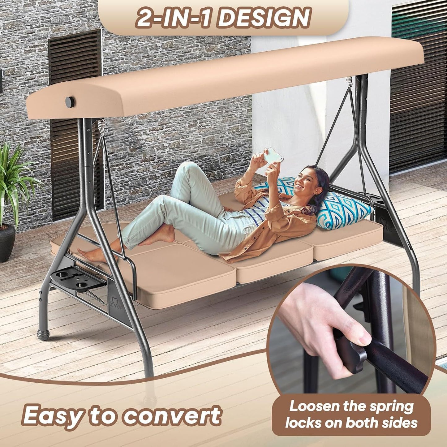 3 Seat Outdoor Porch Patio Swing with Stand 800lbs 2-in-1 Convertible Swing Bed