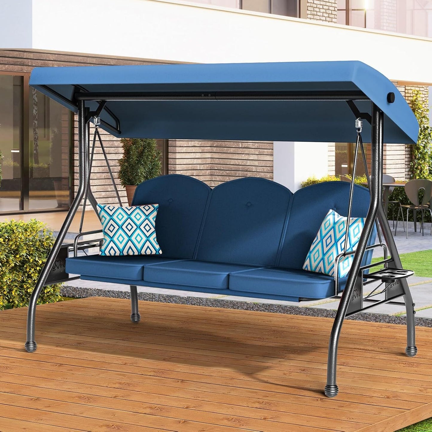3 Seat Outdoor Porch Patio Swing with Stand 800lbs 2-in-1 Convertible Swing Bed