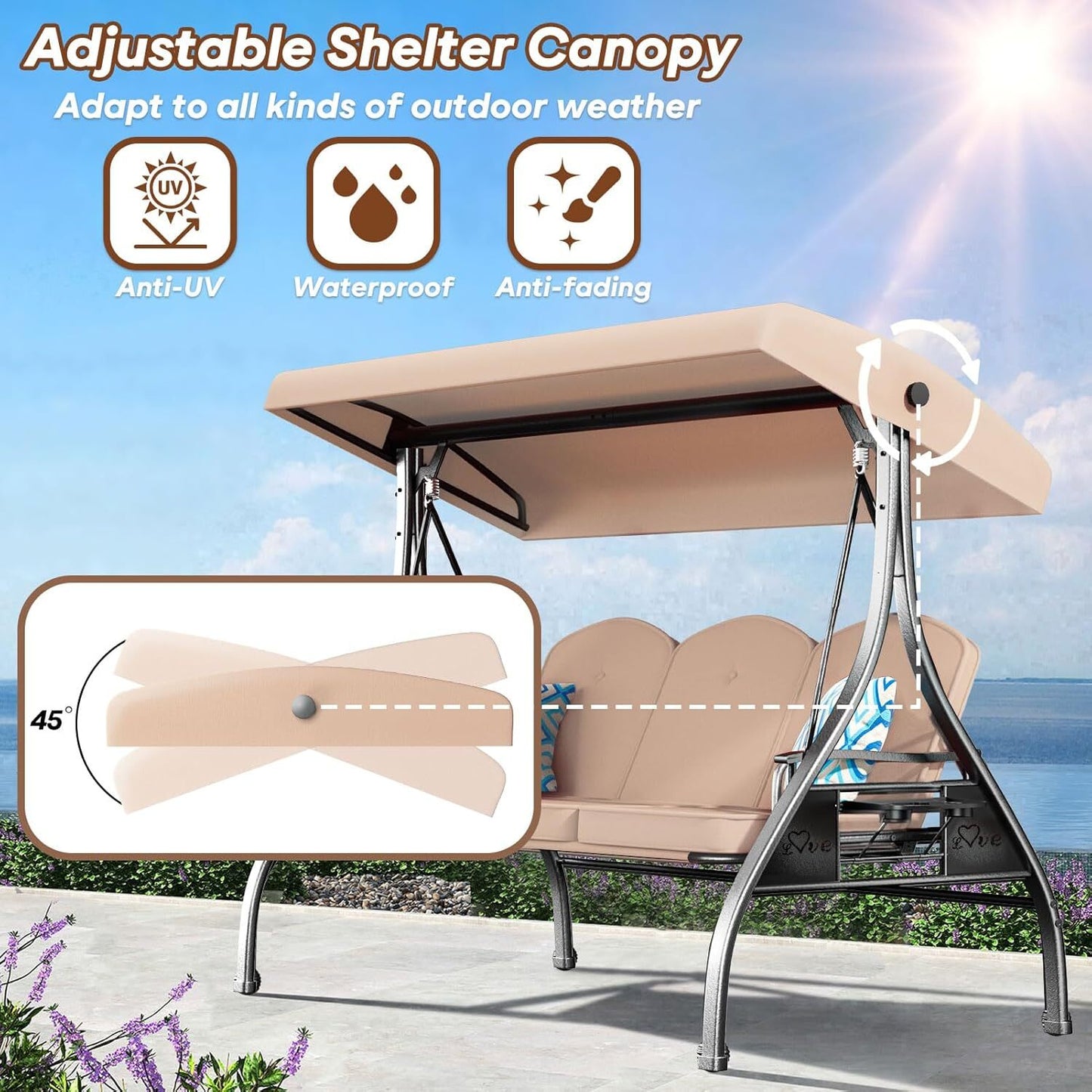 3 Seat Outdoor Porch Patio Swing with Stand 800lbs 2-in-1 Convertible Swing Bed