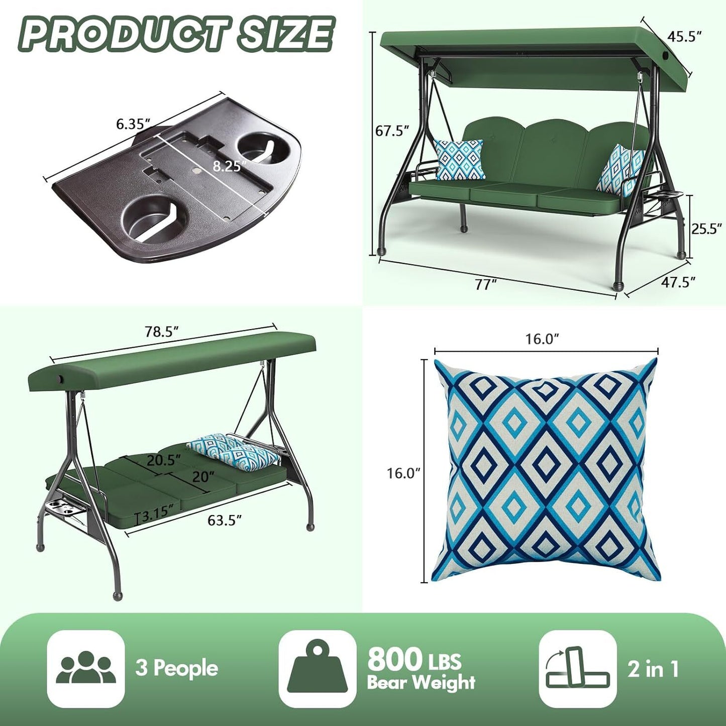 3 Seat Outdoor Porch Patio Swing with Stand 800lbs 2-in-1 Convertible Swing Bed
