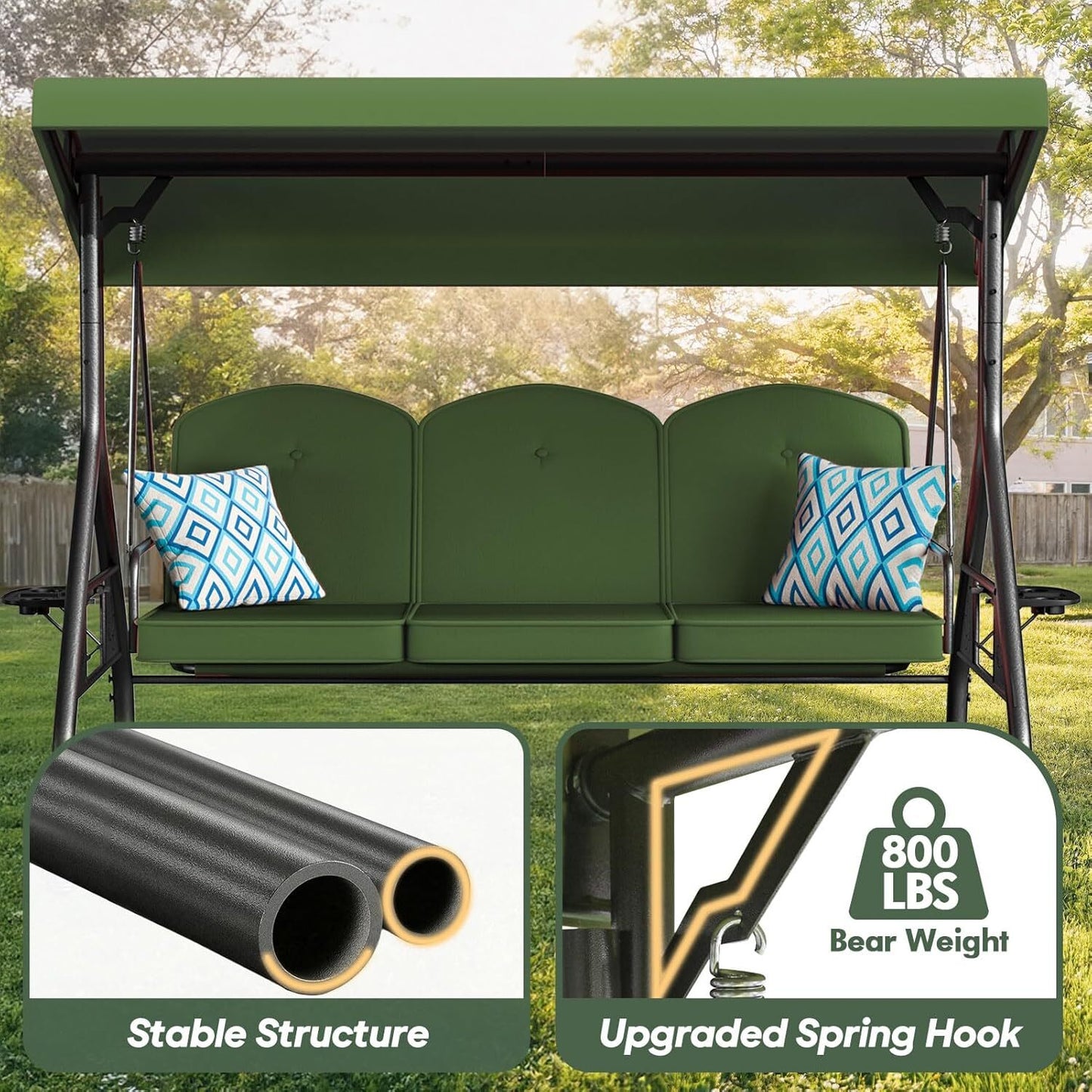 3 Seat Outdoor Porch Patio Swing with Stand 800lbs 2-in-1 Convertible Swing Bed
