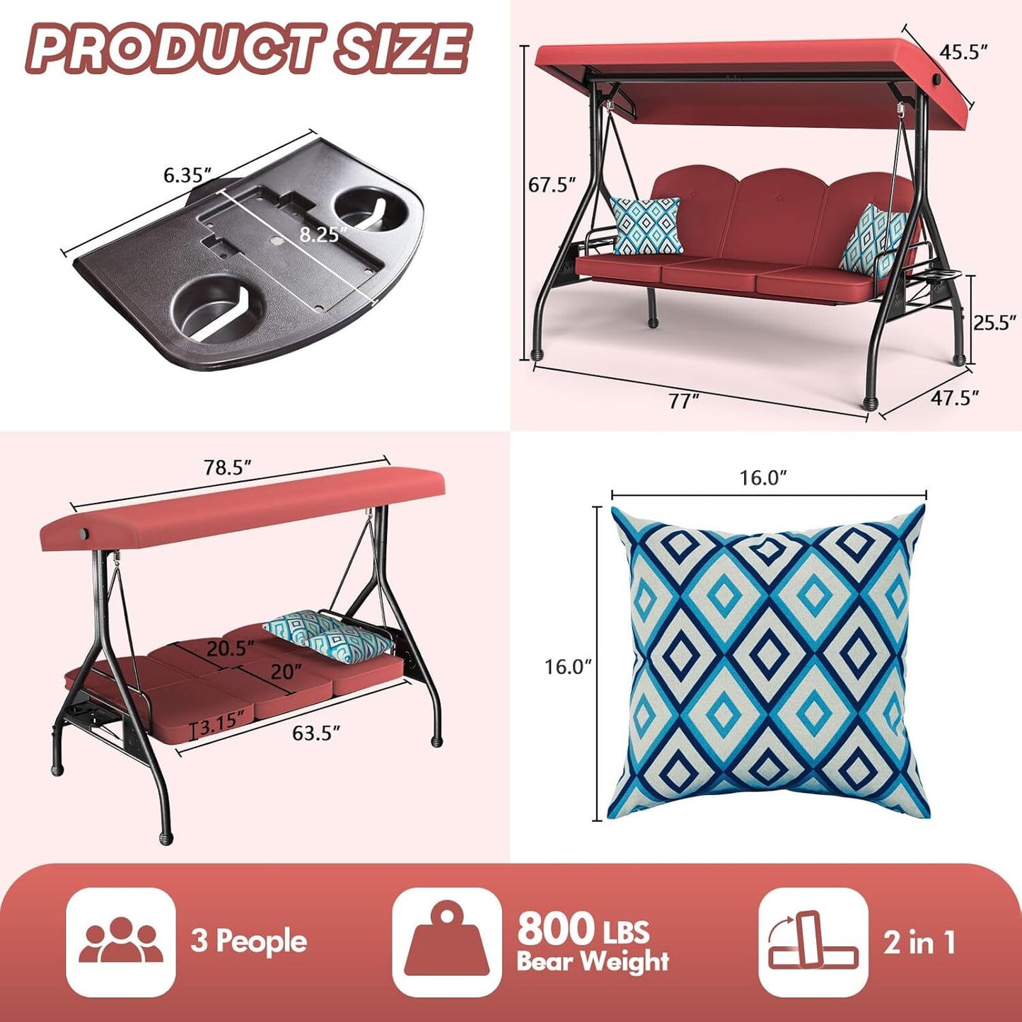 3 Seat Outdoor Porch Patio Swing with Stand 800lbs 2-in-1 Convertible Swing Bed