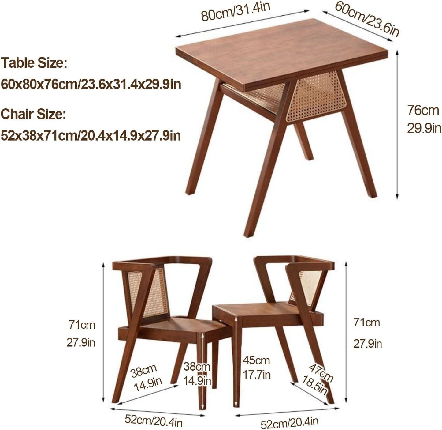3-Piece Kitchen Dining Room Table Set, Rattan Dining Room Table with 2 Chairs, Stackable Modern Bistro Table Set, Solid Wood Table Set for Dining Room,Patio,Apartment,Living Room,Log