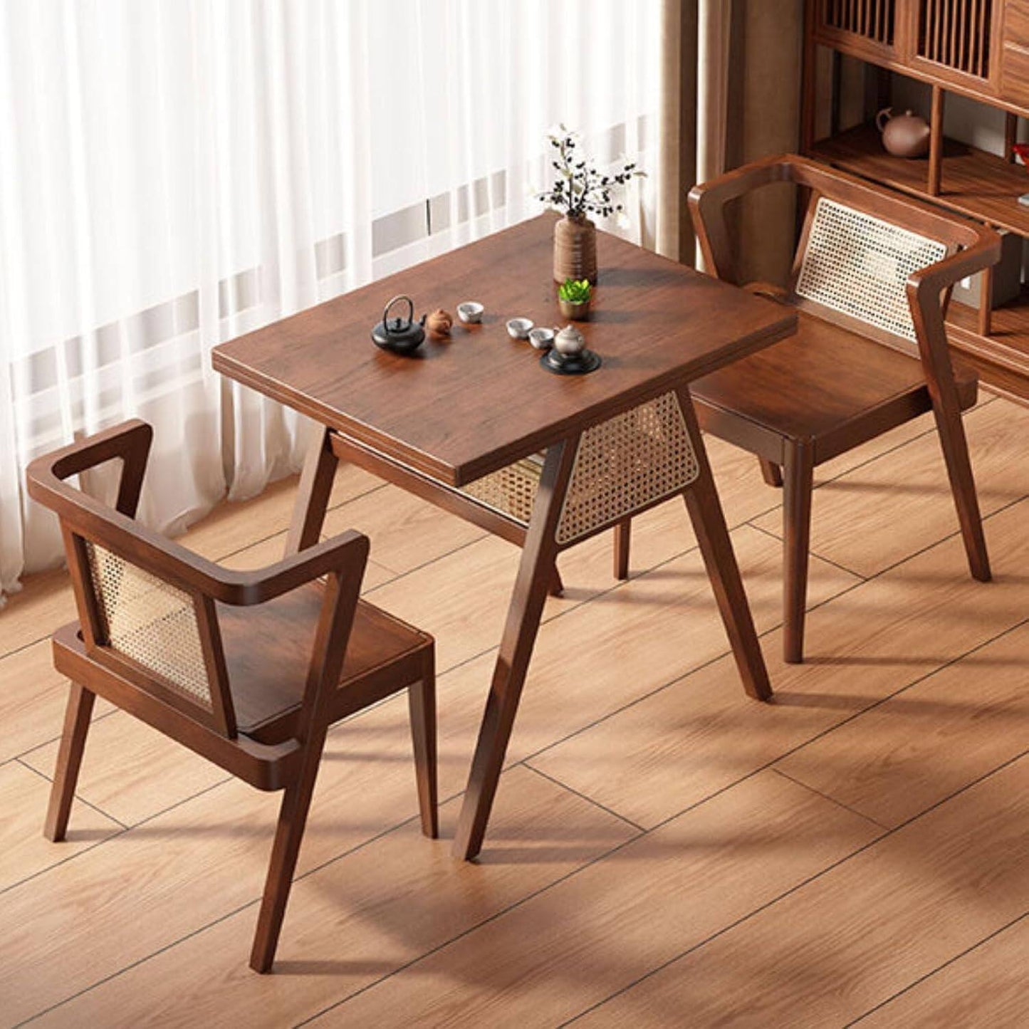 3-Piece Kitchen Dining Room Table Set, Rattan Dining Room Table with 2 Chairs, Stackable Modern Bistro Table Set, Solid Wood Table Set for Dining Room,Patio,Apartment,Living Room,Log