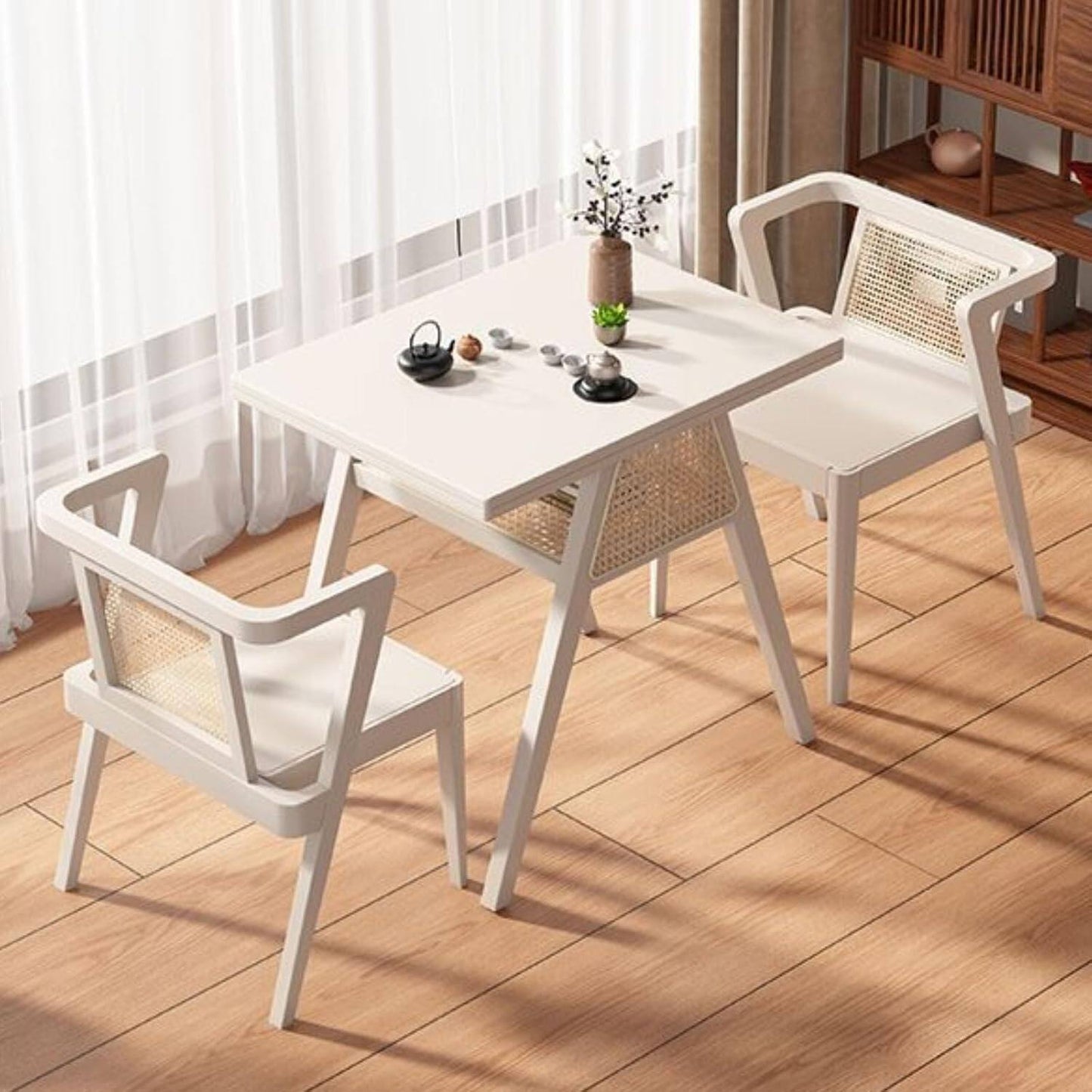 3-Piece Kitchen Dining Room Table Set, Rattan Dining Room Table with 2 Chairs, Stackable Modern Bistro Table Set, Solid Wood Table Set for Dining Room,Patio,Apartment,Living Room,Log