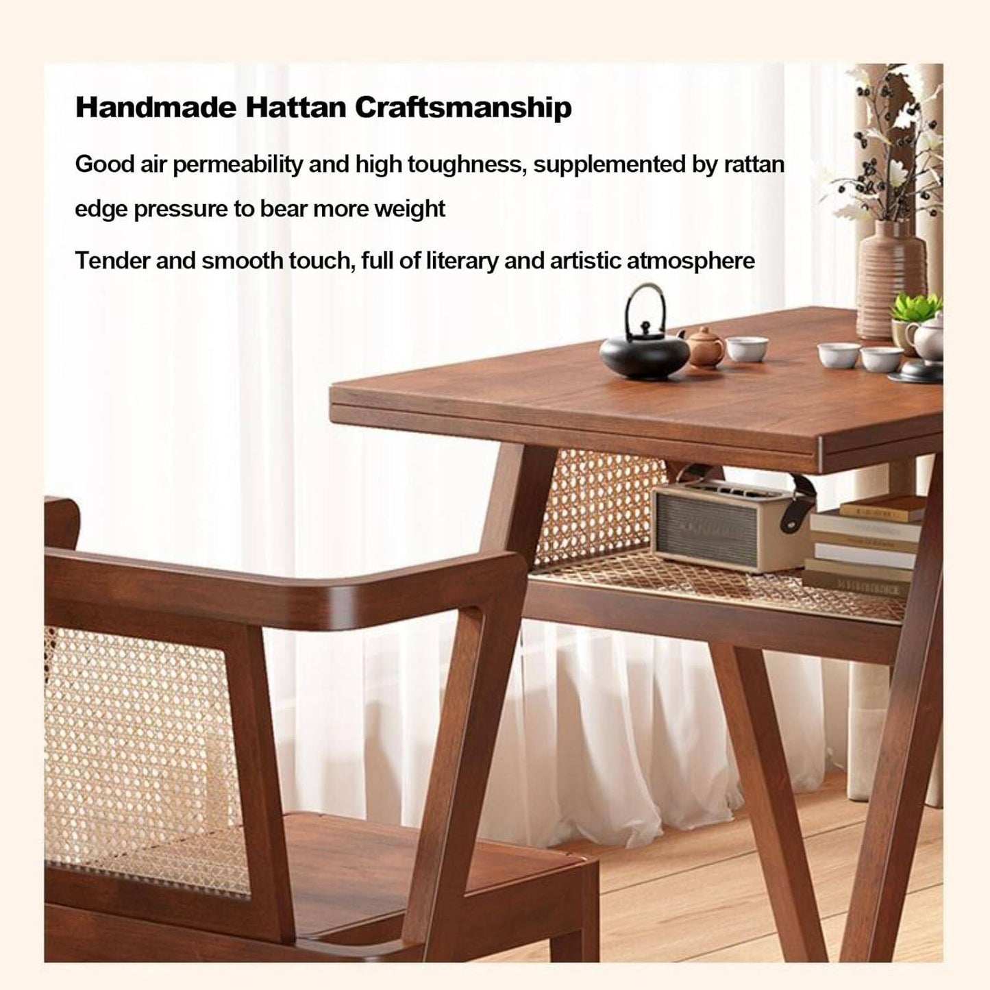 3-Piece Kitchen Dining Room Table Set, Rattan Dining Room Table with 2 Chairs, Stackable Modern Bistro Table Set, Solid Wood Table Set for Dining Room,Patio,Apartment,Living Room,Log