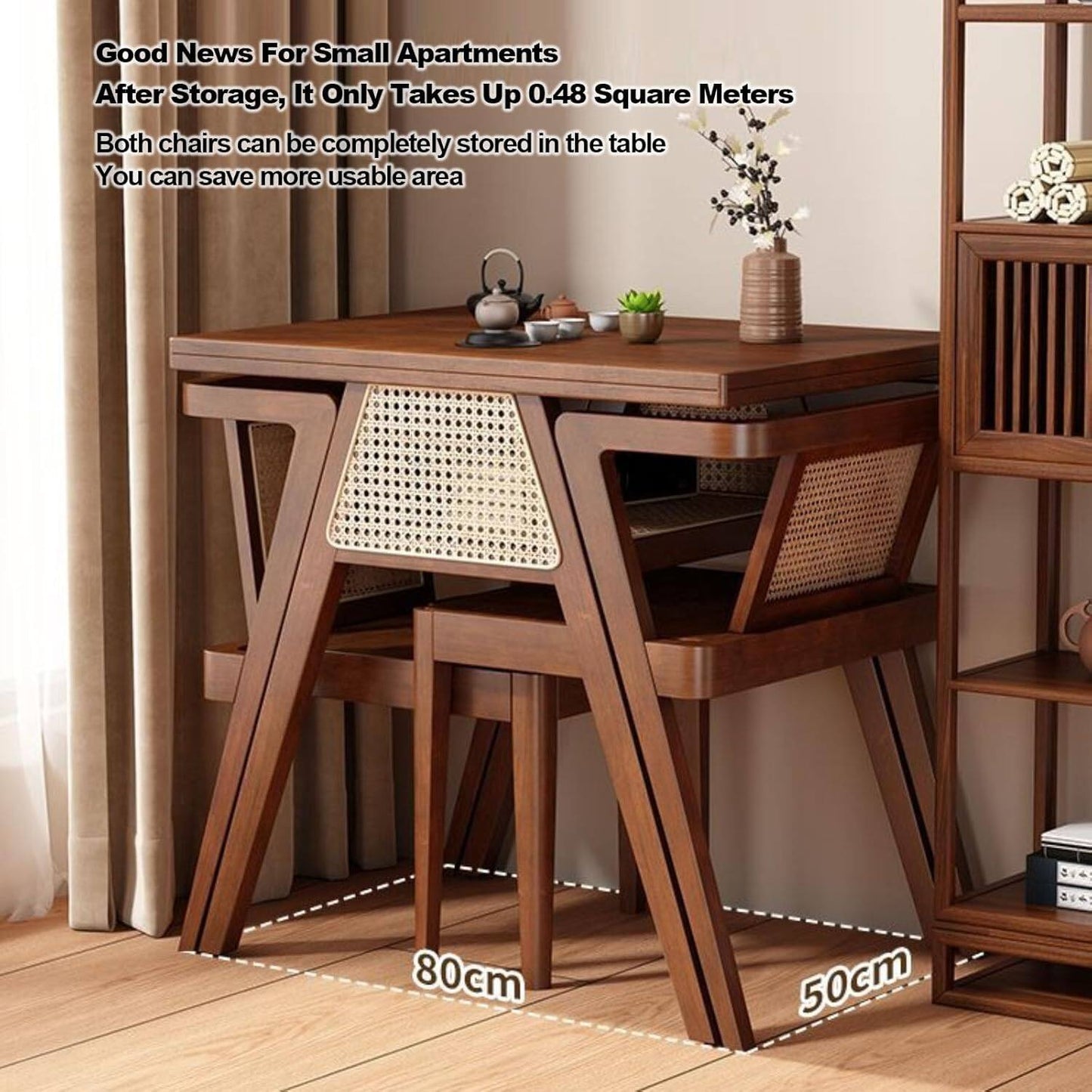 3-Piece Kitchen Dining Room Table Set, Rattan Dining Room Table with 2 Chairs, Stackable Modern Bistro Table Set, Solid Wood Table Set for Dining Room,Patio,Apartment,Living Room,Log