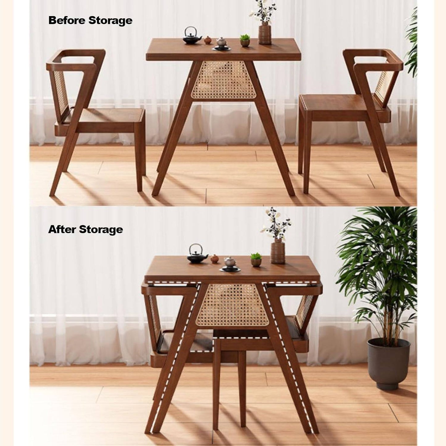 3-Piece Kitchen Dining Room Table Set, Rattan Dining Room Table with 2 Chairs, Stackable Modern Bistro Table Set, Solid Wood Table Set for Dining Room,Patio,Apartment,Living Room,Log