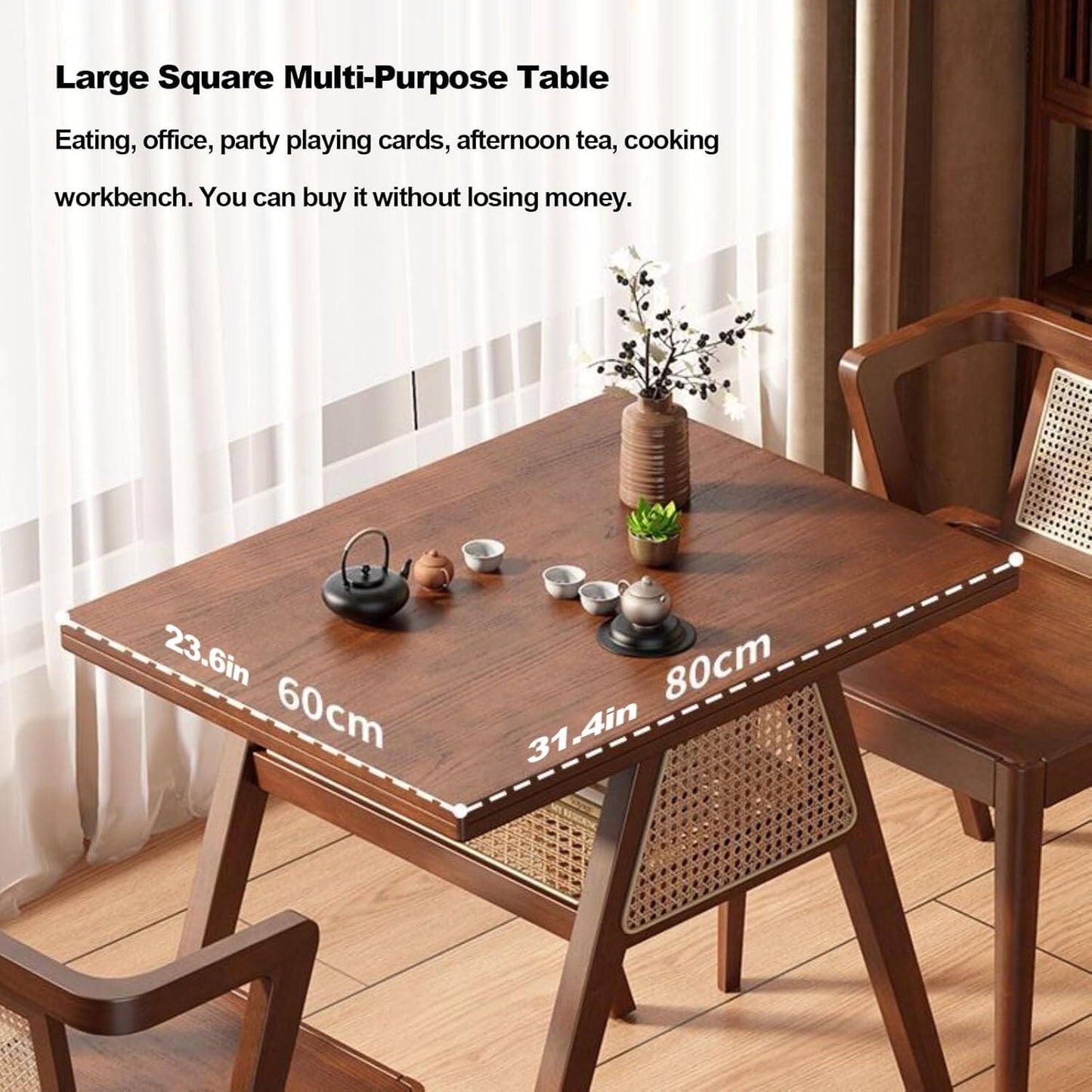 3-Piece Kitchen Dining Room Table Set, Rattan Dining Room Table with 2 Chairs, Stackable Modern Bistro Table Set, Solid Wood Table Set for Dining Room,Patio,Apartment,Living Room,Log