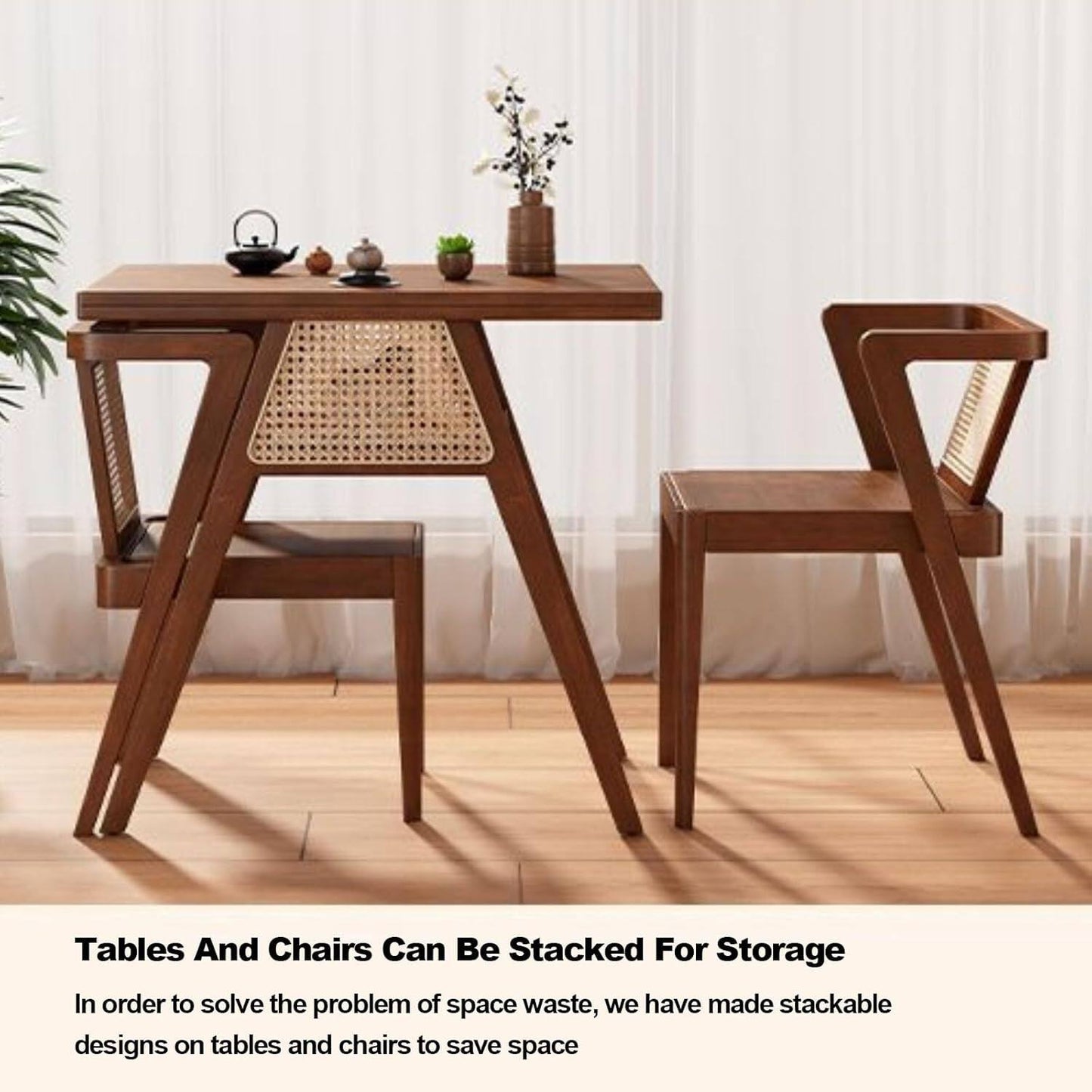 3-Piece Kitchen Dining Room Table Set, Rattan Dining Room Table with 2 Chairs, Stackable Modern Bistro Table Set, Solid Wood Table Set for Dining Room,Patio,Apartment,Living Room,Log